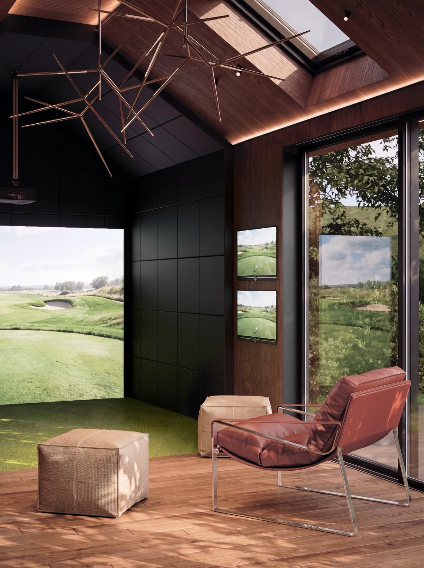 Warm timber ceiling, sculptural lighting and a leather lounge chair in a Skalva room